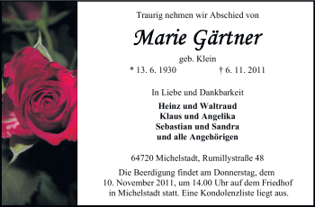 Traueranzeige von Marie Gärtner von Odenwälder Echo