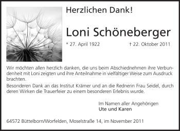 Traueranzeige von Loni Schöneberger von Rüsselsheimer Echo, Groß-Gerauer-Echo, Ried Echo
