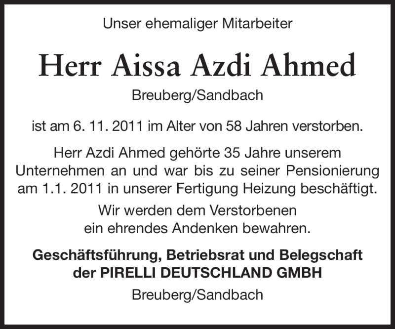  Traueranzeige für Aissa Azdi Ahmed vom 15.11.2011 aus Odenwälder Echo
