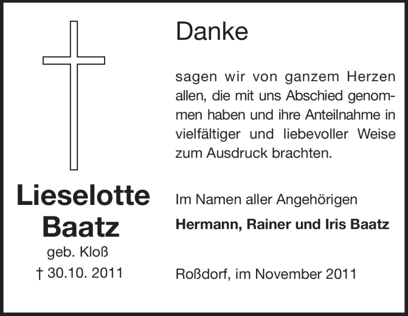  Traueranzeige für Lieselotte Baatz vom 12.11.2011 aus Darmstädter Echo, Odenwälder Echo, Rüsselsheimer Echo, Groß-Gerauer-Echo, Ried Echo