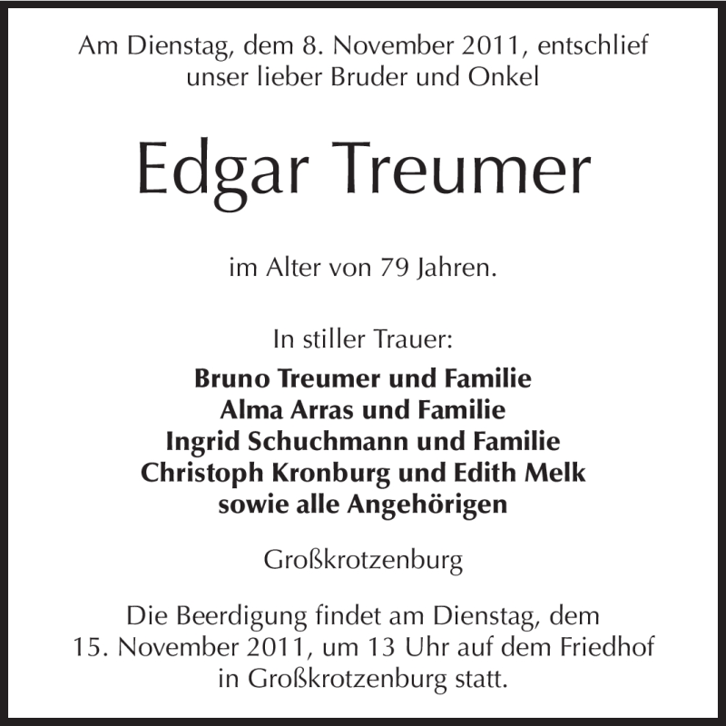  Traueranzeige für Edgar Treumer vom 12.11.2011 aus Darmstädter Echo, Odenwälder Echo, Rüsselsheimer Echo, Groß-Gerauer-Echo, Ried Echo