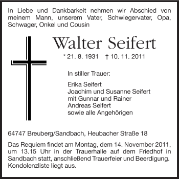 Traueranzeige von Walter Seifert von Odenwälder Echo