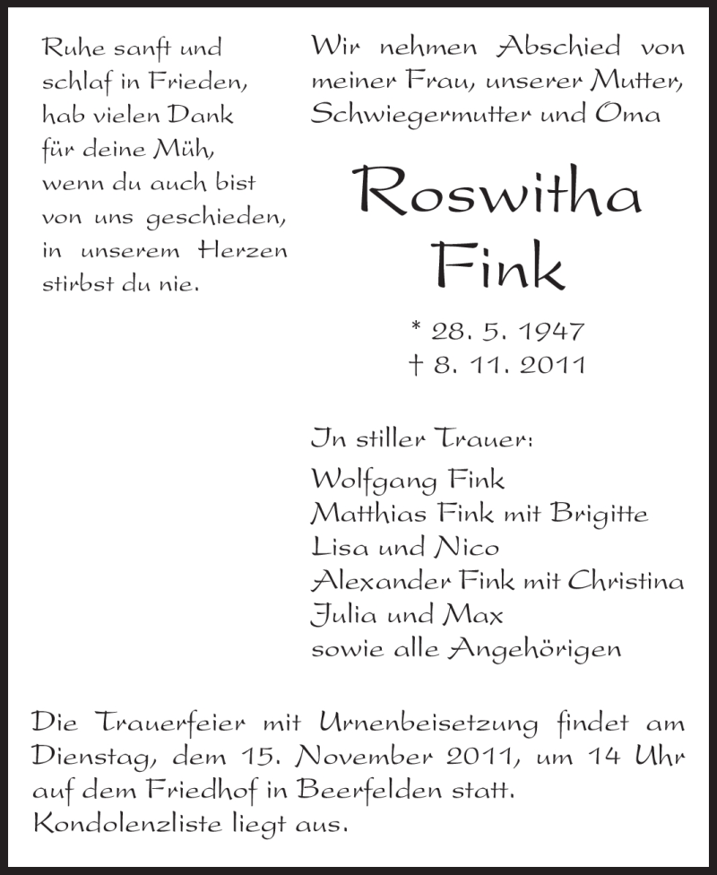  Traueranzeige für Roswitha Fink vom 12.11.2011 aus Odenwälder Echo