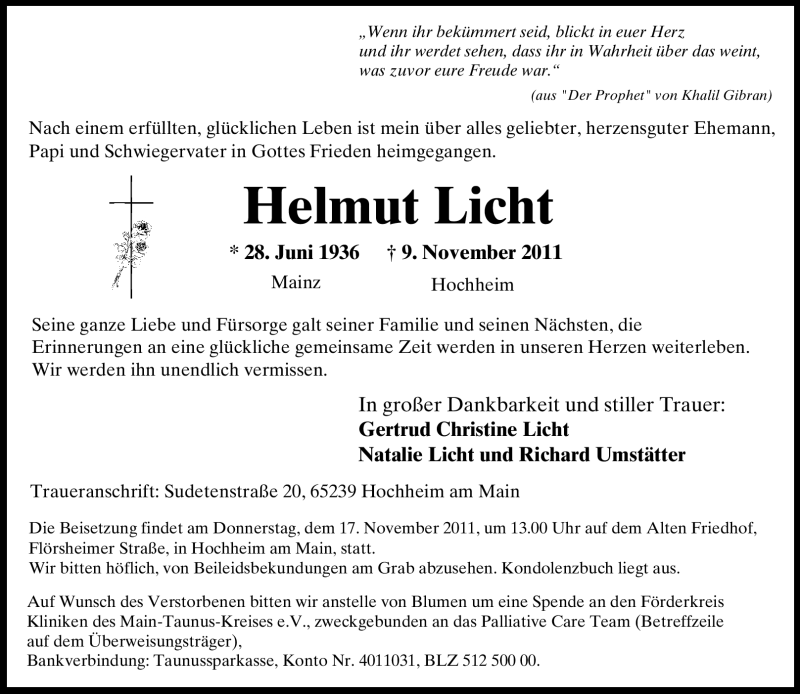  Traueranzeige für Helmut Licht vom 12.11.2011 aus Rüsselsheimer Echo, Groß-Gerauer-Echo, Ried Echo