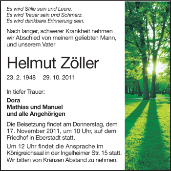 Traueranzeige von Helmut Zöller von Echo-Zeitungen (Gesamtausgabe)