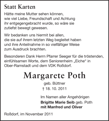 Traueranzeige von Margarete Poth von Darmstädter Echo, Odenwälder Echo, Rüsselsheimer Echo, Groß-Gerauer-Echo, Ried Echo