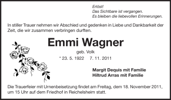 Traueranzeige von Emmi Wagner von Odenwälder Echo