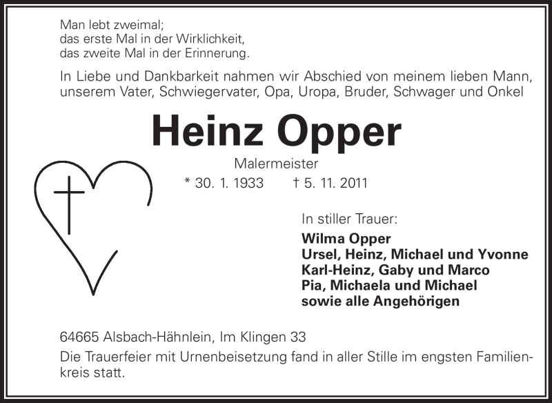  Traueranzeige für Heinz Opper vom 19.11.2011 aus Echo-Zeitungen (Gesamtausgabe)