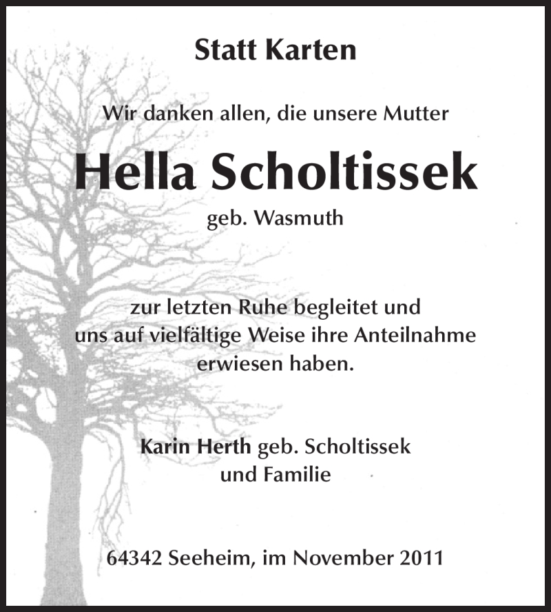  Traueranzeige für Hella Scholtissek vom 19.11.2011 aus Echo-Zeitungen (Gesamtausgabe)