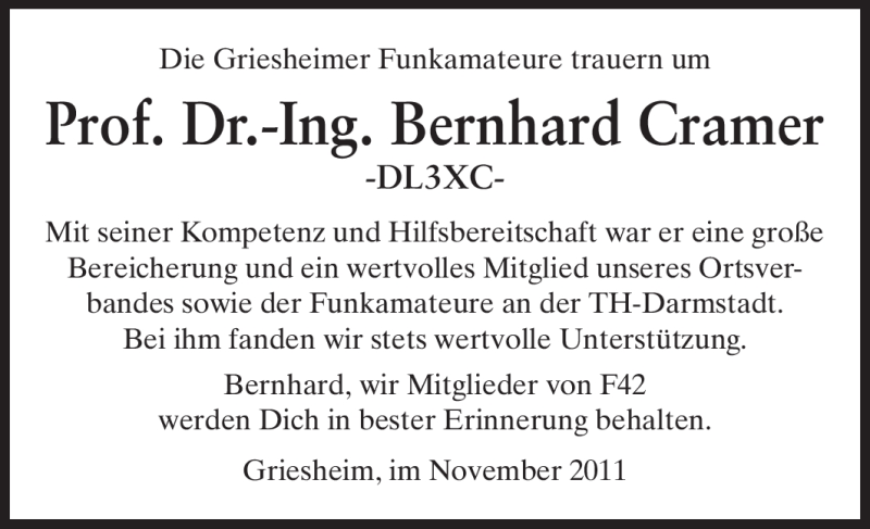  Traueranzeige für Bernhard Cramer vom 19.11.2011 aus Echo-Zeitungen (Gesamtausgabe)