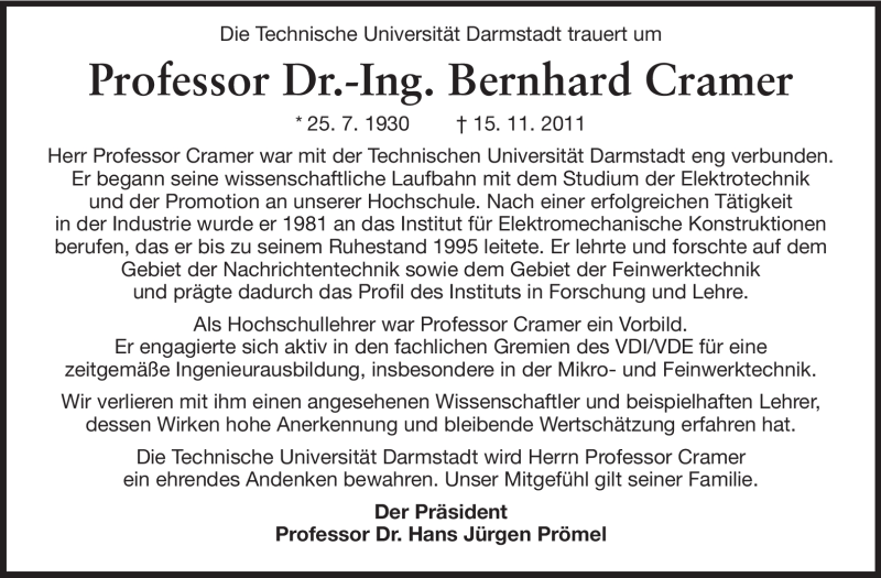  Traueranzeige für Bernhard Cramer vom 19.11.2011 aus Echo-Zeitungen (Gesamtausgabe)