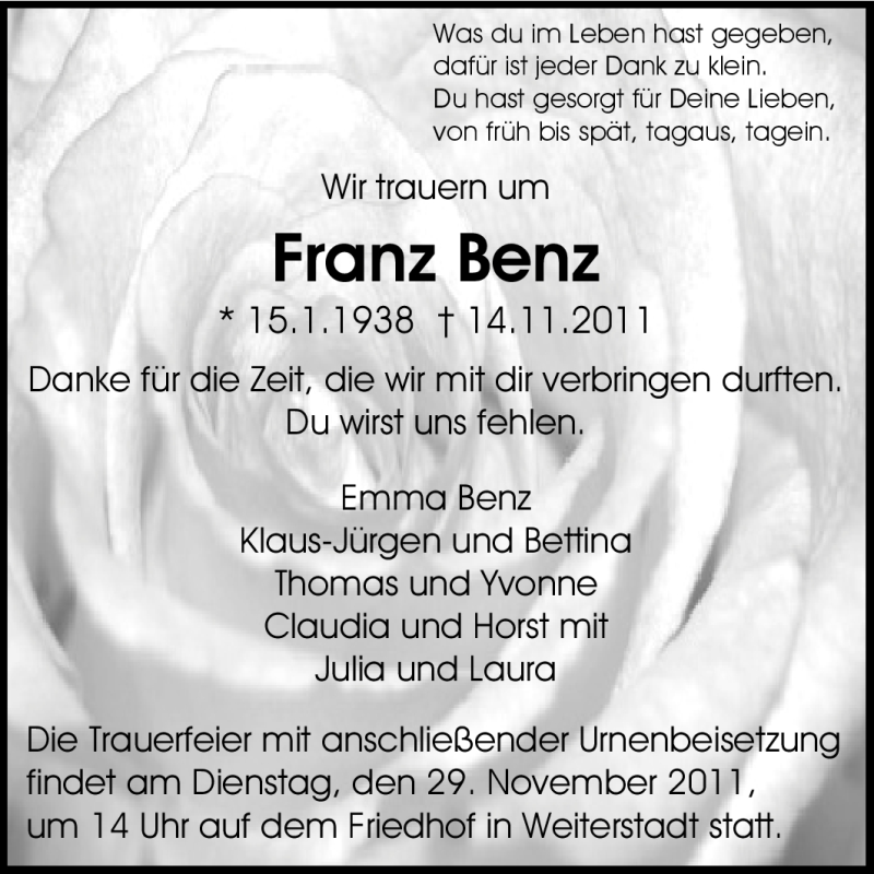  Traueranzeige für Franz Benz vom 19.11.2011 aus Echo-Zeitungen (Gesamtausgabe)