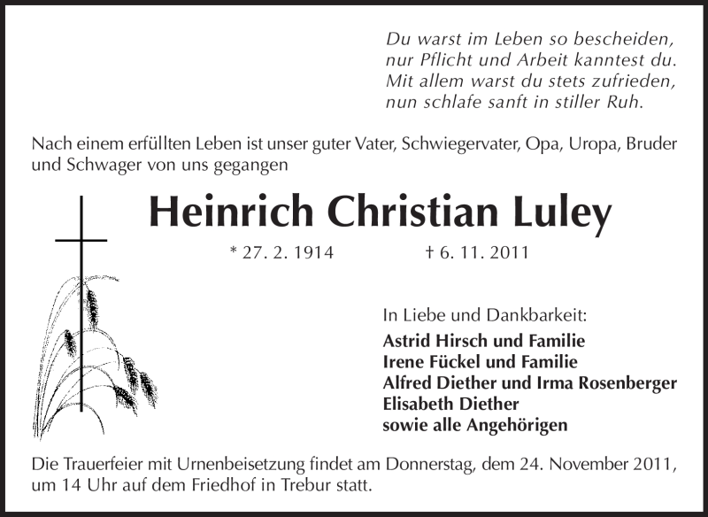  Traueranzeige für Heinrich Christian Luley vom 21.11.2011 aus Rüsselsheimer Echo, Groß-Gerauer-Echo, Ried Echo