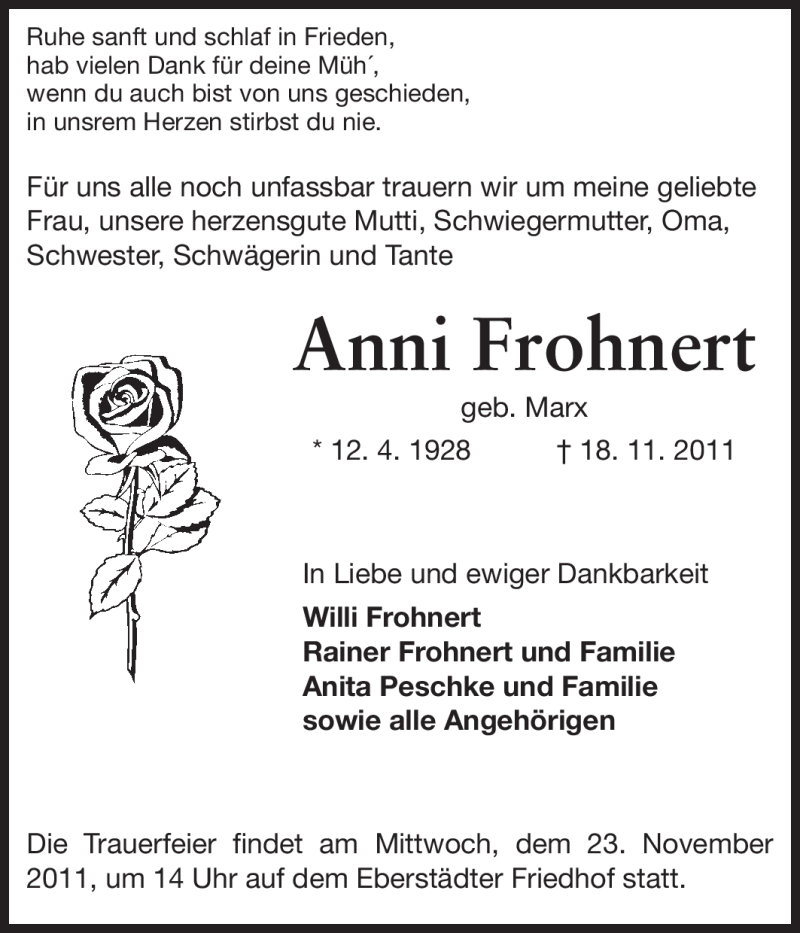  Traueranzeige für Anni Frohnert vom 21.11.2011 aus Echo-Zeitungen (Gesamtausgabe)