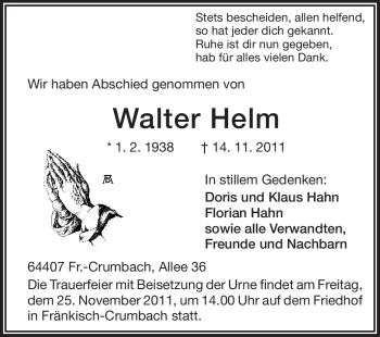 Traueranzeige von Walter Helm von Odenwälder Echo