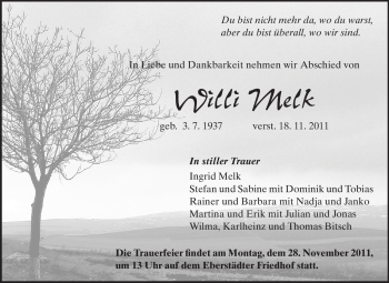 Traueranzeige von Willi Melk von Echo-Zeitungen (Gesamtausgabe)