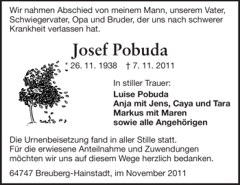 Traueranzeige von Josef Pobuda von Odenwälder Echo