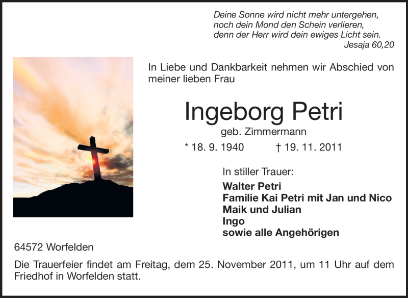  Traueranzeige für Ingeborg Petri vom 23.11.2011 aus Rüsselsheimer Echo, Groß-Gerauer-Echo, Ried Echo