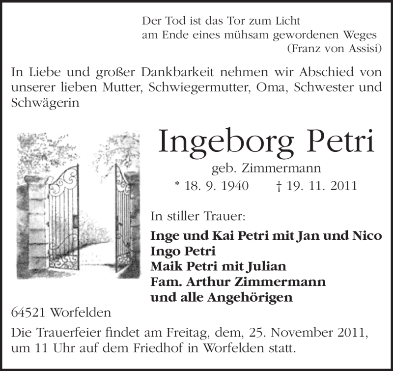  Traueranzeige für Ingeborg Petri vom 24.11.2011 aus Darmstädter Echo, Odenwälder Echo, Rüsselsheimer Echo, Groß-Gerauer-Echo, Ried Echo