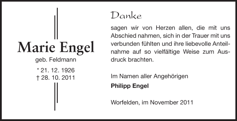  Traueranzeige für Marie Engel vom 25.11.2011 aus Darmstädter Echo, Odenwälder Echo, Rüsselsheimer Echo, Groß-Gerauer-Echo, Ried Echo