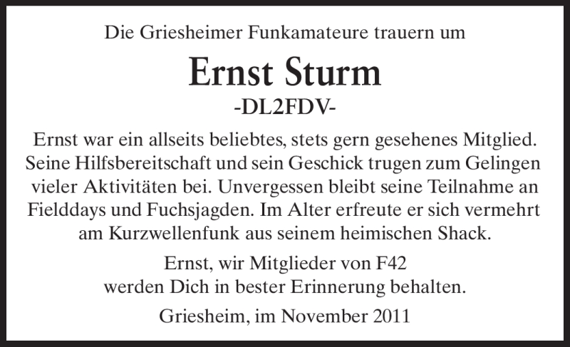  Traueranzeige für Ernst Sturm vom 26.11.2011 aus Echo-Zeitungen (Gesamtausgabe)