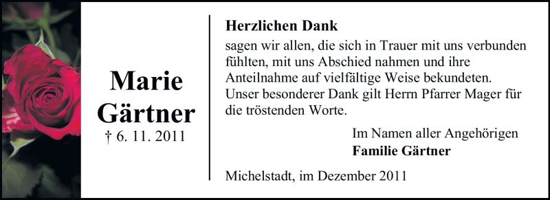  Traueranzeige für Marie Gärtner vom 02.12.2011 aus Odenwälder Echo
