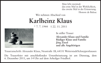 Traueranzeige von Karlheinz Klaus von Echo-Zeitungen (Gesamtausgabe)