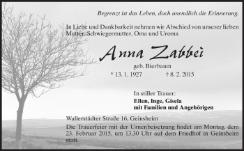 Traueranzeige von Anna Zabbei von Echo-Zeitungen (Gesamtausgabe)