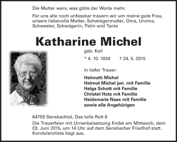 Traueranzeige von Katharine Michel von Odenwälder Echo