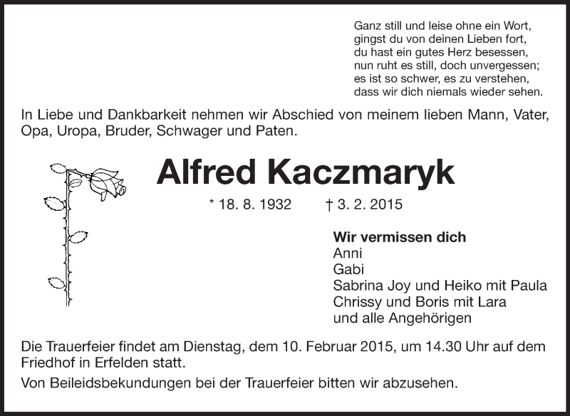  Traueranzeige für Alfred Kaczmaryk vom 07.02.2015 aus Rüsselsheimer Echo, Groß-Gerauer-Echo, Ried Echo