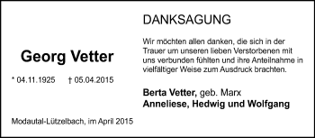 Traueranzeige von Georg Vetter von Echo-Zeitungen (Gesamtausgabe)