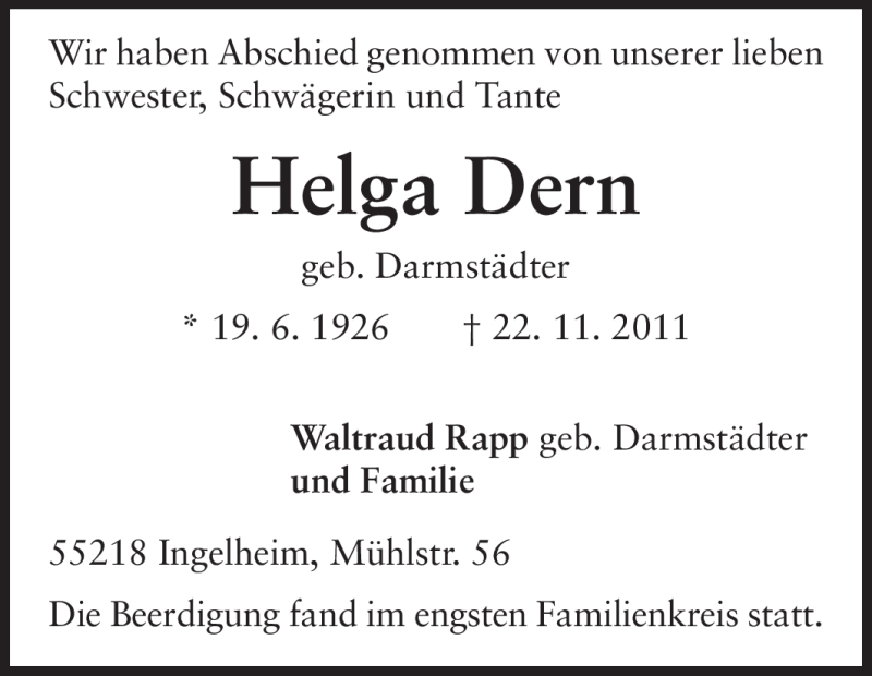  Traueranzeige für Helga Dern vom 03.12.2011 aus Echo-Zeitungen (Gesamtausgabe)