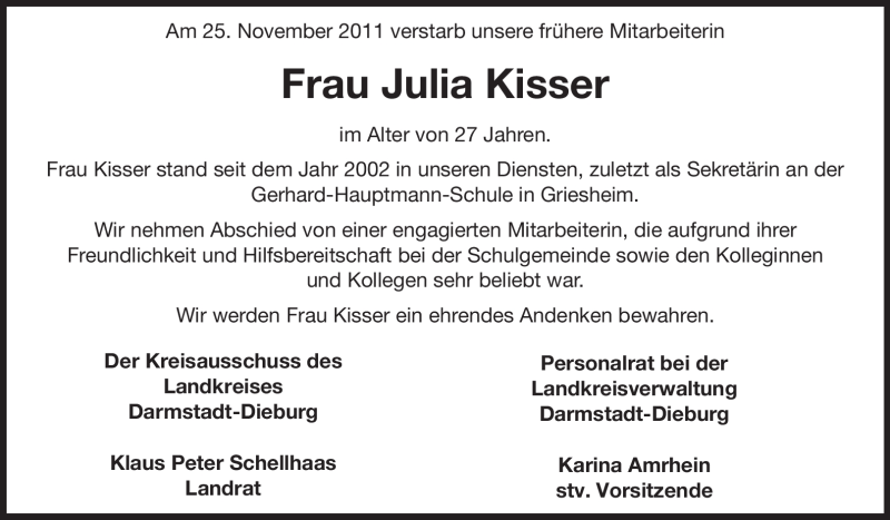  Traueranzeige für Julia Kisser vom 06.12.2011 aus Echo-Zeitungen (Gesamtausgabe)