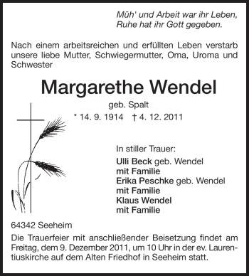 Traueranzeige von Margarethe Wendel von Echo-Zeitungen (Gesamtausgabe)