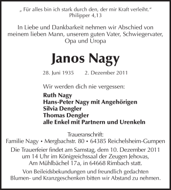 Traueranzeige von Janos Nagy von Echo-Zeitungen (Gesamtausgabe)