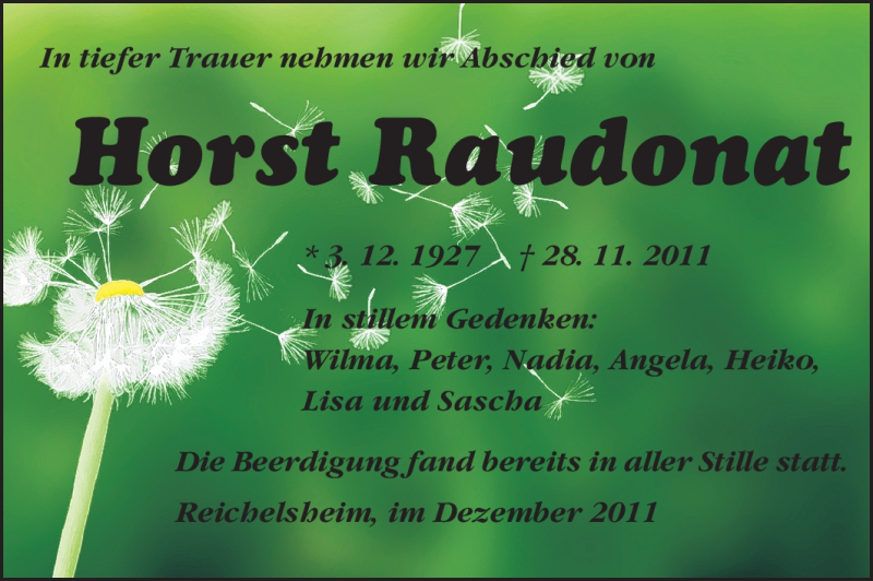  Traueranzeige für Horst Raudonat vom 10.12.2011 aus Odenwälder Echo