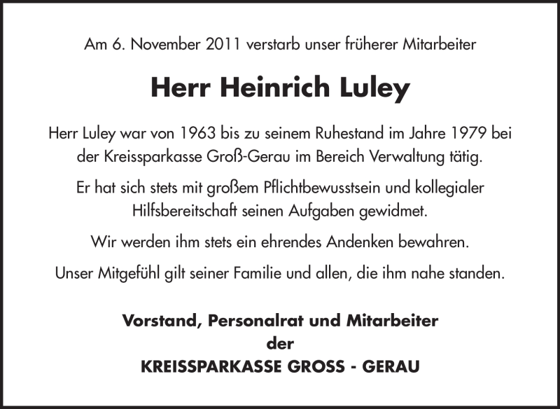  Traueranzeige für Heinrich Christian Luley vom 08.12.2011 aus Rüsselsheimer Echo, Groß-Gerauer-Echo, Ried Echo