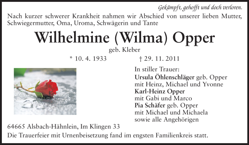  Traueranzeige für Wilhelmine Opper vom 10.12.2011 aus Echo-Zeitungen (Gesamtausgabe)