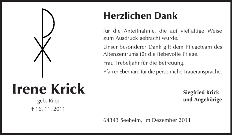  Traueranzeige für Irene Krick vom 10.12.2011 aus Darmstädter Echo, Odenwälder Echo, Rüsselsheimer Echo, Groß-Gerauer-Echo, Ried Echo