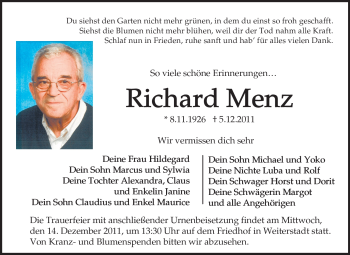 Traueranzeige von Richard Menz von Echo-Zeitungen (Gesamtausgabe)