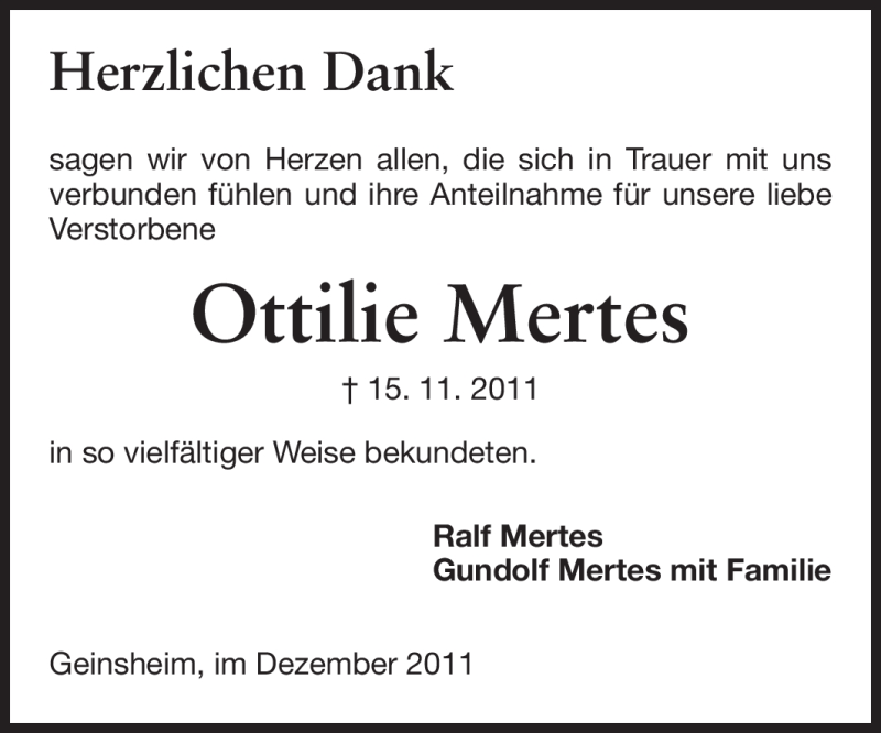  Traueranzeige für Ottilie Mertes vom 12.12.2011 aus Rüsselsheimer Echo, Groß-Gerauer-Echo, Ried Echo