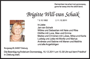 Traueranzeige von Brigitte Will-van Schaik von Echo-Zeitungen (Gesamtausgabe)