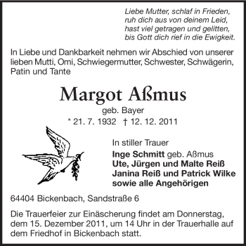 Traueranzeige von Margot Aßmus von Echo-Zeitungen (Gesamtausgabe)