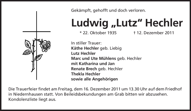  Traueranzeige für Ludwig Hechler vom 14.12.2011 aus Echo-Zeitungen (Gesamtausgabe)
