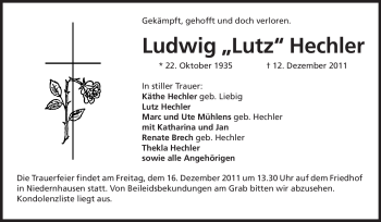 Traueranzeige von Ludwig Hechler von Echo-Zeitungen (Gesamtausgabe)