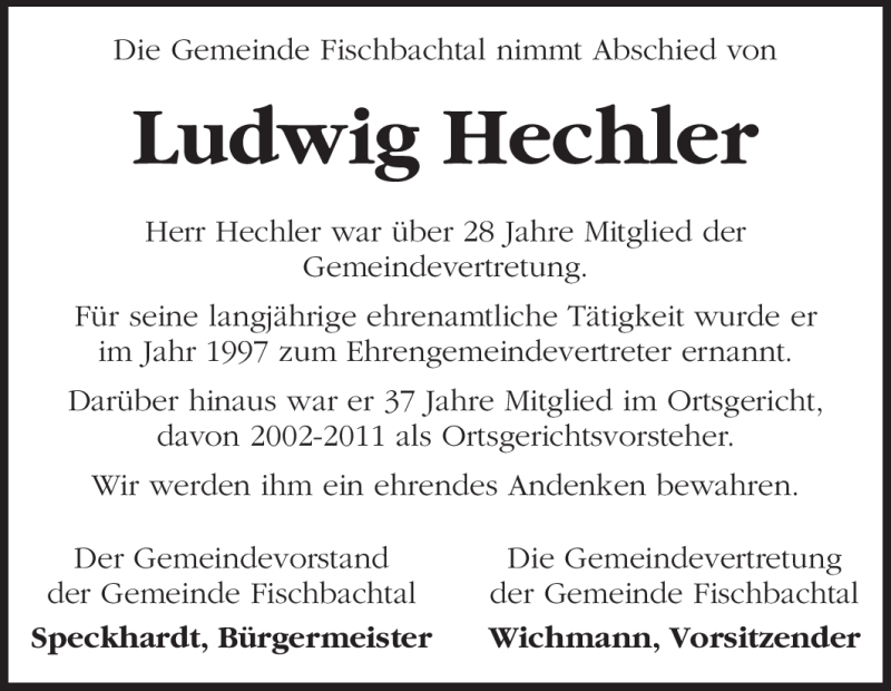  Traueranzeige für Ludwig Hechler vom 15.12.2011 aus Echo-Zeitungen (Gesamtausgabe)