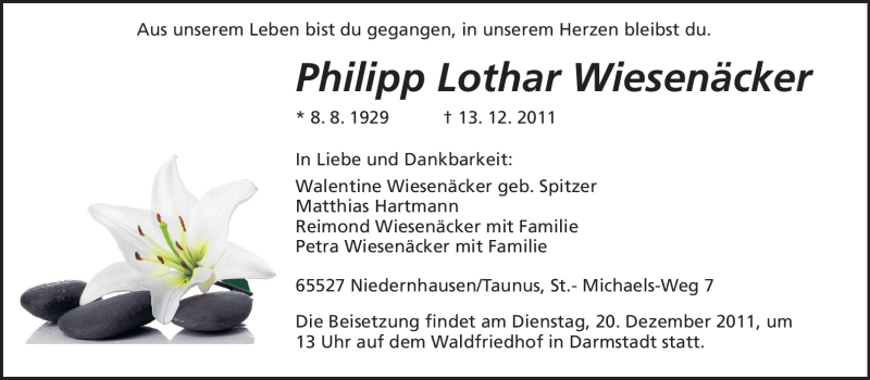  Traueranzeige für Philipp Lothar Wiesenäcker vom 17.12.2011 aus Darmstädter Echo, Odenwälder Echo, Rüsselsheimer Echo, Groß-Gerauer-Echo, Ried Echo