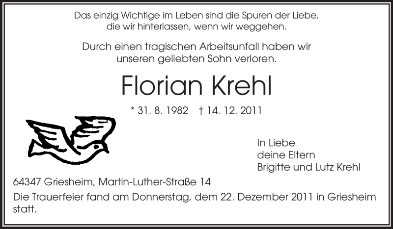  Traueranzeige für Florian Krehl vom 27.12.2011 aus Echo-Zeitungen (Gesamtausgabe)