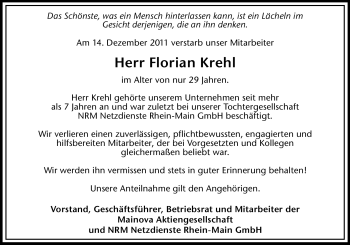 Traueranzeige von Florian Krehl von Echo-Zeitungen (Gesamtausgabe)