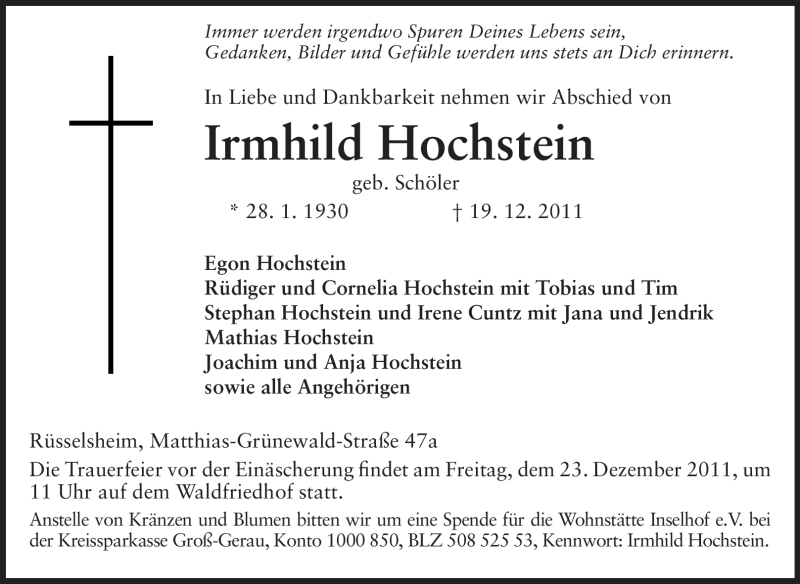  Traueranzeige für Irmhild Hochstein vom 22.12.2011 aus Rüsselsheimer Echo, Groß-Gerauer-Echo, Ried Echo